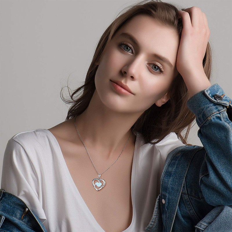 Cuoka I Love You To The Moon and Back Necklace 925 Sterling Silver Heart Opal October Birthstone Lover Pendant Necklace for Women Wife - Image 3